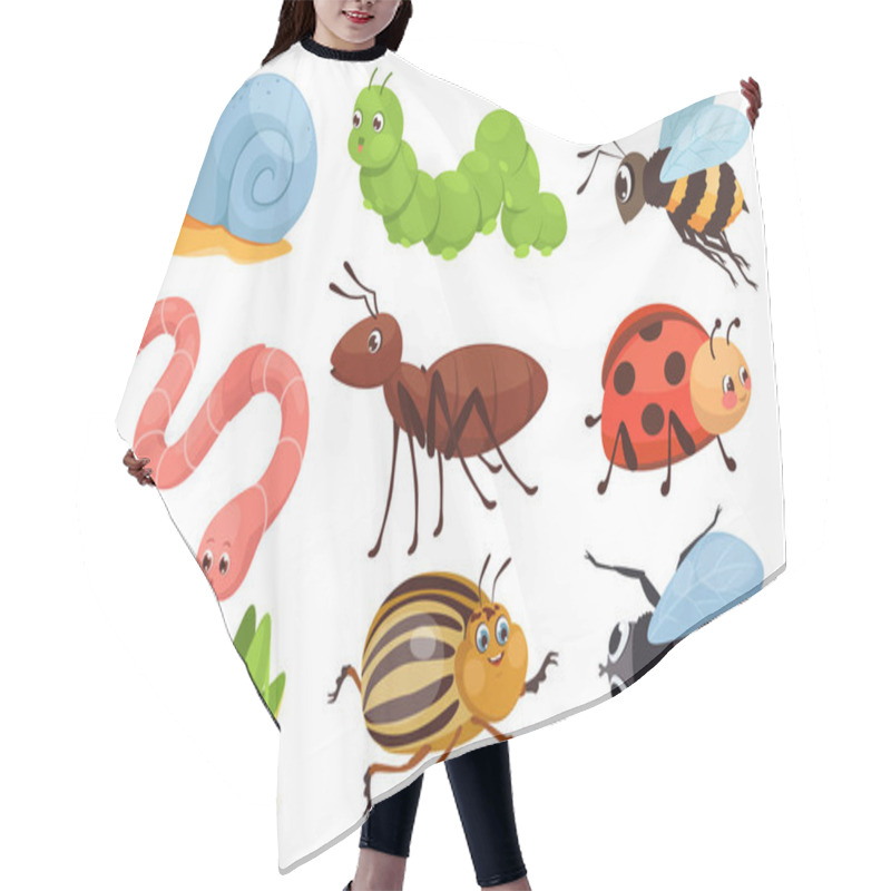 Personality  Cute Insects Mega Set In Graphic Flat Design. Bundle Elements Of Funny Mascots, Snail, Caterpillar, Bee, Worm, Ant, Ladybug, Grasshopper, Colorado, Beetle, Fly. Vector Illustration Isolated Objects Hair Cutting Cape