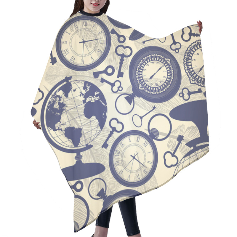 Personality  Seamless Retro Background With Globes, Keys And Watches Hair Cutting Cape