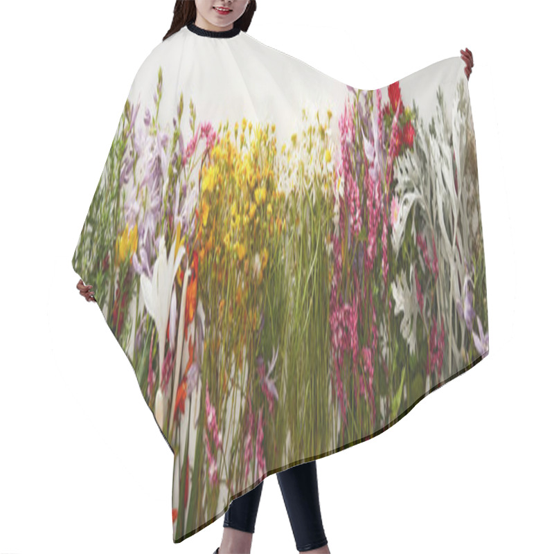 Personality  Panoramic Shot Of Bunches Of Diverse Wildflowers On White Background Hair Cutting Cape