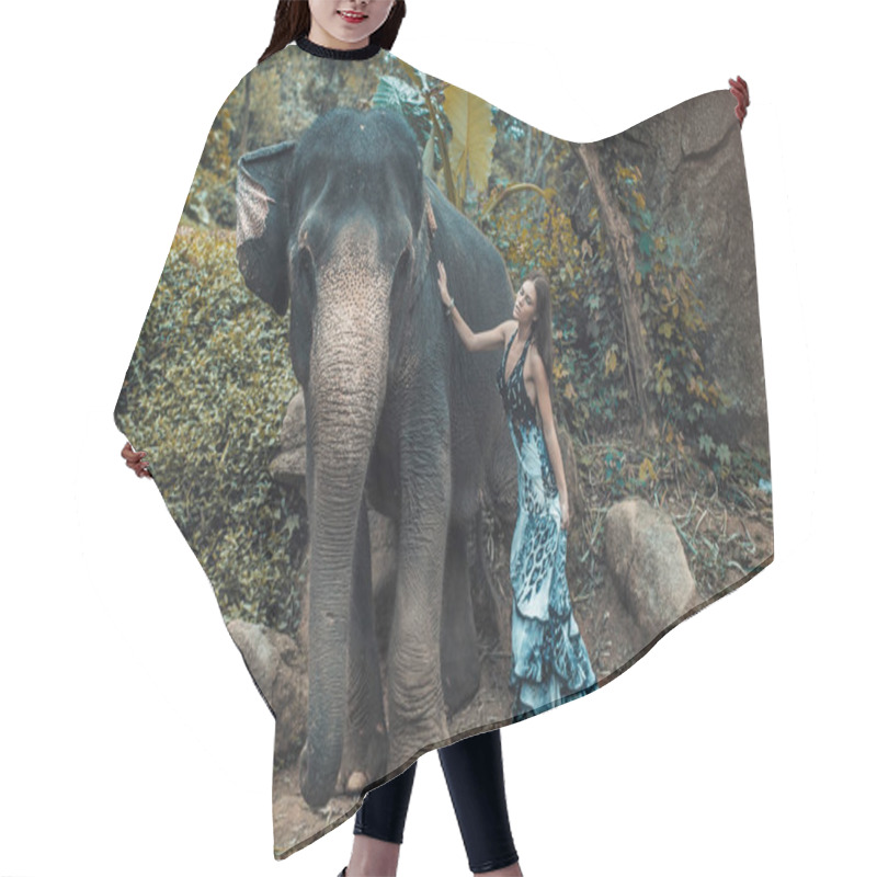 Personality  Pretty Young Lady Cuddling An Elephant Hair Cutting Cape