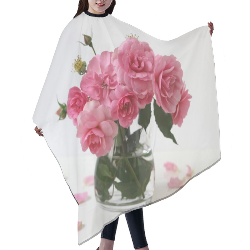 Personality  Bouquet Of Pink Roses In A Vase. Floral Still Life With Roses And Petals. Hair Cutting Cape