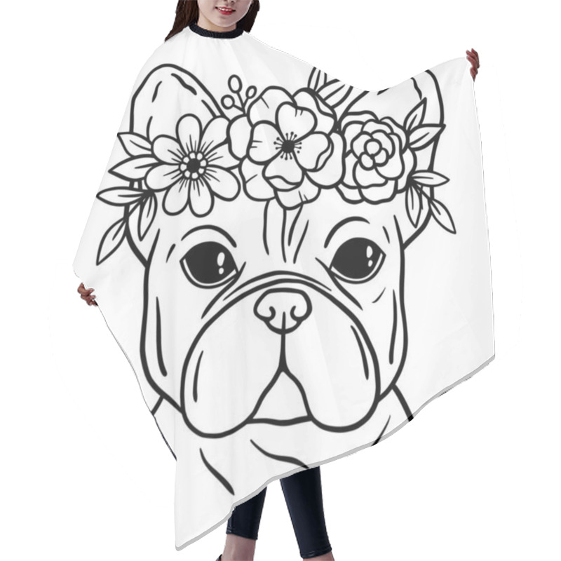 Personality   French Bulldog Black And White Hand Drawn Portrait. Bulldog With Wreath Of Flowers. Crown Of Flowers. French Bulldog Face In Line. Dog Head. Cute Muzzle French Bulldog. Hair Cutting Cape