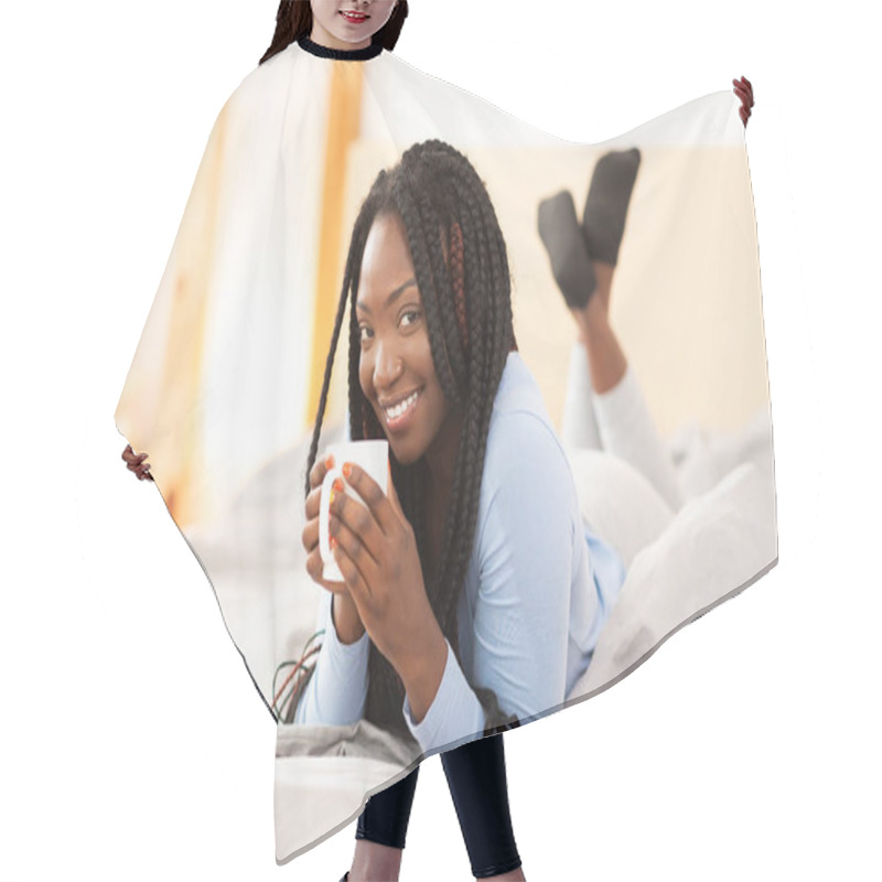 Personality  Afro Girl Having Coffee Lying In Comfortable Bed In Bedroom Hair Cutting Cape