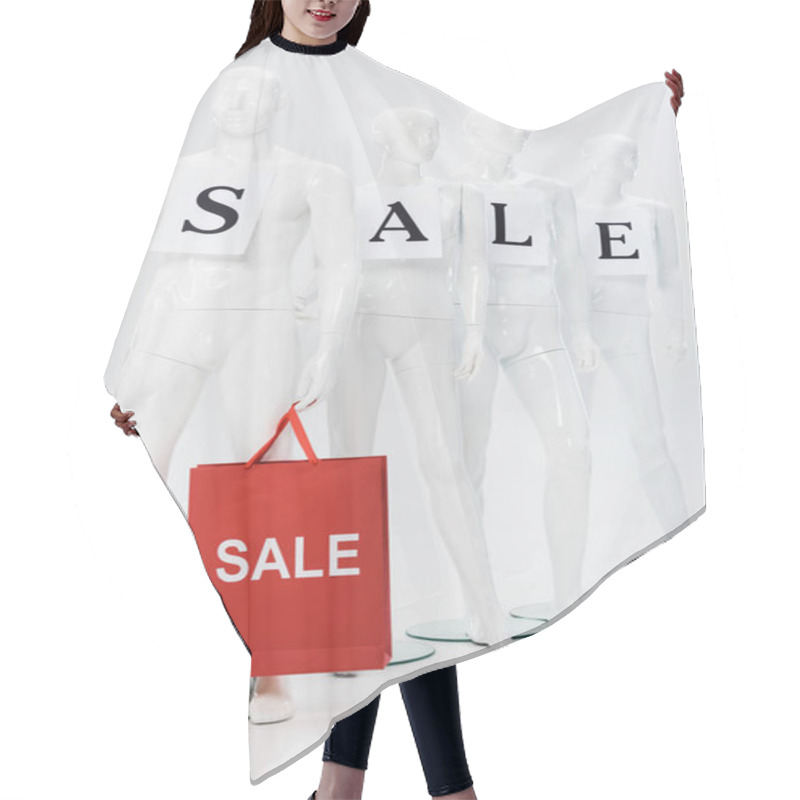 Personality  White Mannequins With Sale Lettering On Papers And Shopping Bag On Grey Hair Cutting Cape