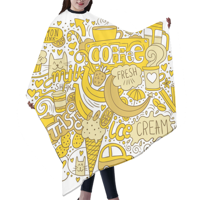 Personality  Free Style Coffee And Sweets Illustration. Yellow And White Hand Drawn Sketch Art With Drinks, Fruits, Cats, Hearts And Lettering Hair Cutting Cape