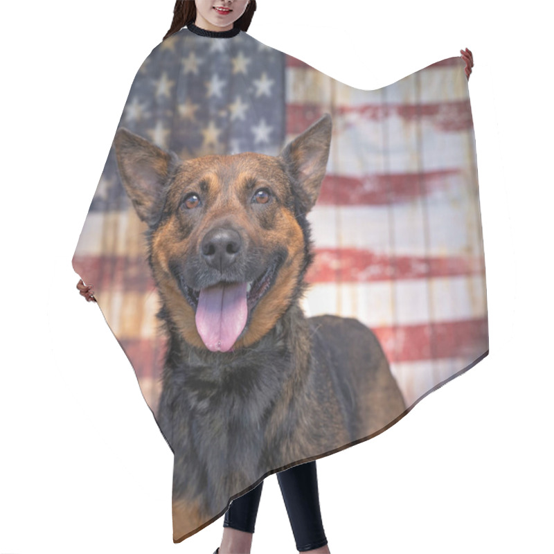 Personality  Studio Shot Of A Cute Dog In Front Of The American Flag Hair Cutting Cape