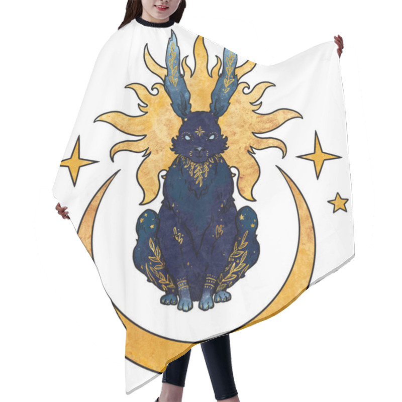 Personality  Mysterious Rabbits Composition. Moon And Stars. Blue And Gold Bunny. Decorative Silhouette. Boho And Vintage Collection. Wiccan And Pagan Art. Decorative Nature. Isolated On White Hair Cutting Cape