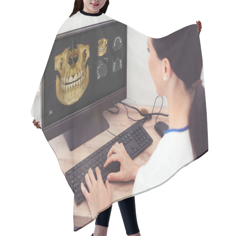 Personality  Woman Dentist Is Looking At A Photo Of The 3D Tomograph. Treatment, Protection, Health Care For Teeth Hair Cutting Cape