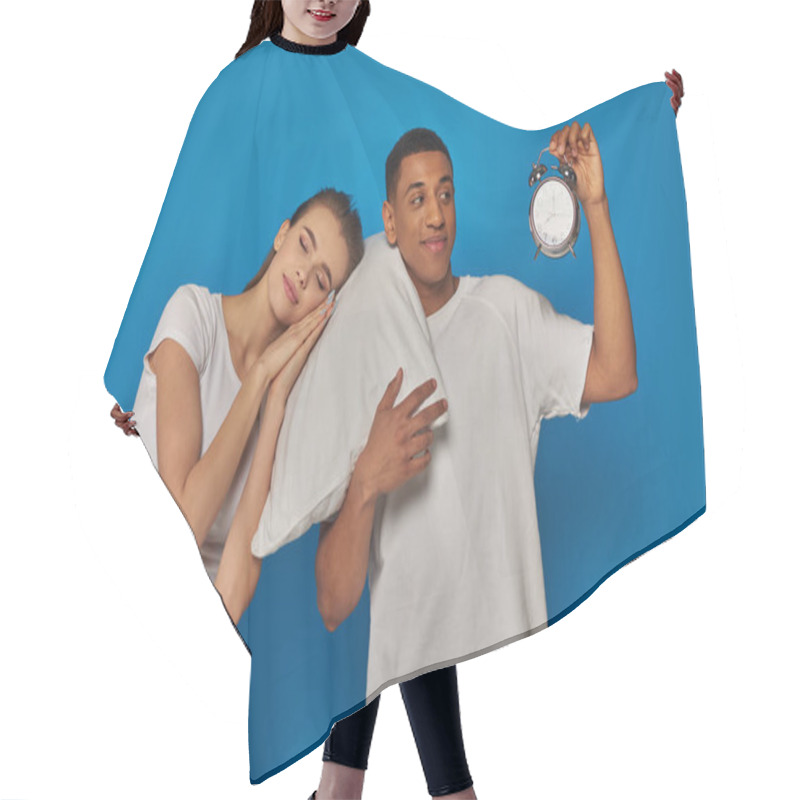 Personality  Woman Sleeping On Pillow Near Cheerful African American Man With Alarm Clock On Blue Backdrop Hair Cutting Cape