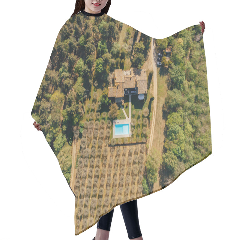 Personality  Top View Of Villa With Swimming Pool Near Fields And Forest In Italy  Hair Cutting Cape