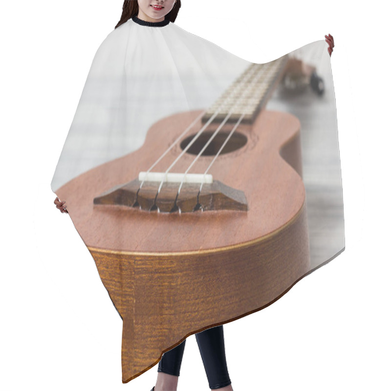 Personality  Close Up Of Ukulele On Old Wooden Background Hair Cutting Cape