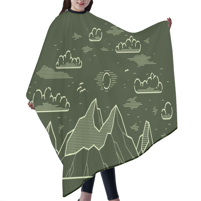 Personality  Mountains Range Linear Vector Illustration On Dark, Line Art Drawing Of Mountain Peaks Wilderness Wanderlust Theme, Beautiful Nature Landscape. Hair Cutting Cape