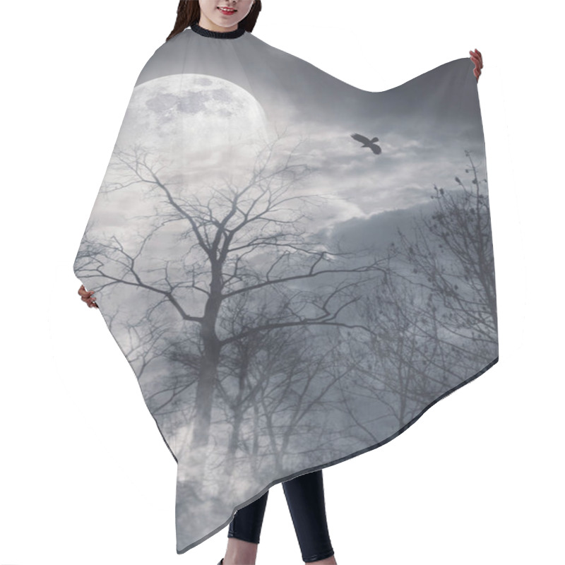 Personality  Dry Trees In The Misty Forest And Full Moon In The Sky At Night, Horror Background Hair Cutting Cape