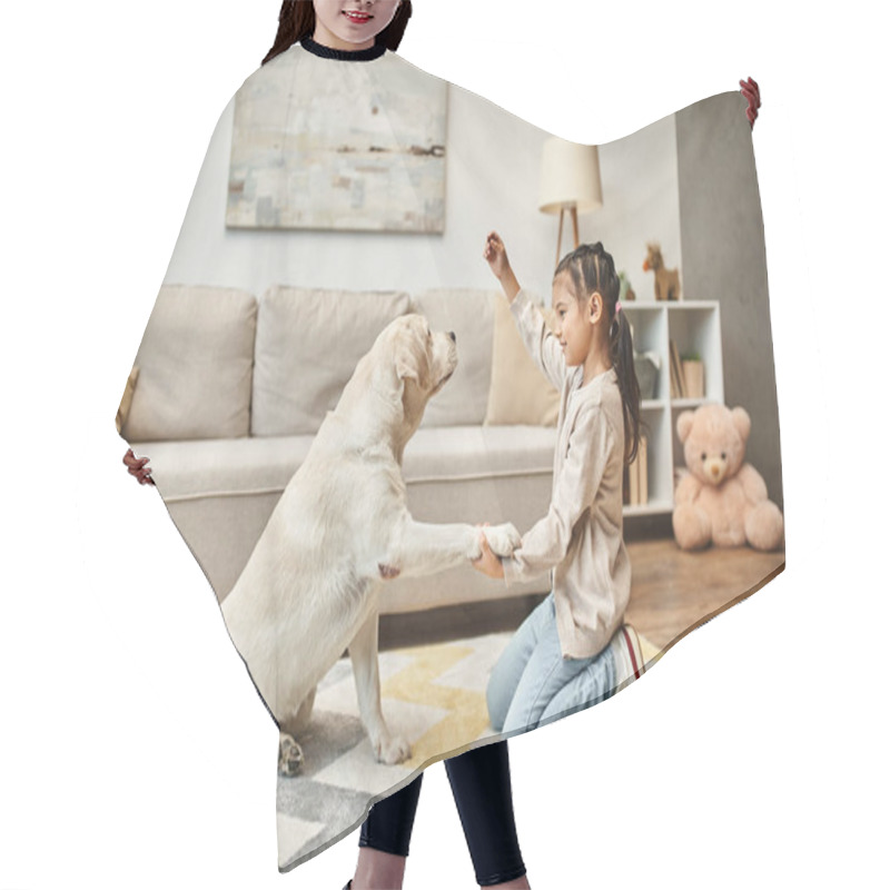 Personality  Cute Girl In Casual Wear Playing With Labrador And Giving Treat In Living Room, Kid Training Dog Hair Cutting Cape