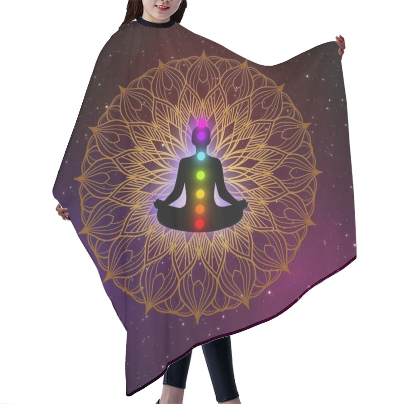 Personality  Abstract Meditation Man With Chakras And Golden Mandala In The Galaxy Illustration Design Background. Hair Cutting Cape