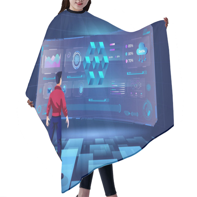 Personality  A Young Man Exploring And Visualizing The Blockchain Or Virtual Storage Program, Infographics And Future Innovations, And Communication Concepts With Metaverse Digital Technology- Vector Design Hair Cutting Cape