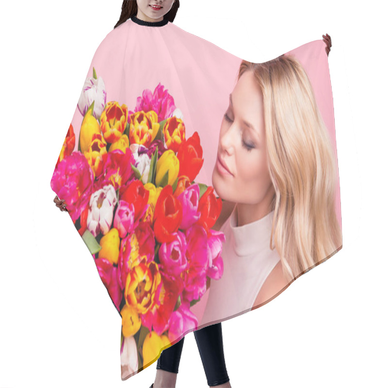 Personality  Portrait Of Lovely Cute Wife, Charming Girlfriend, Mother With Close Eyes Enjoying Smell Of Aromatic Fresh Big Bouquet Of Tulips Isolated On Pink Background Hair Cutting Cape