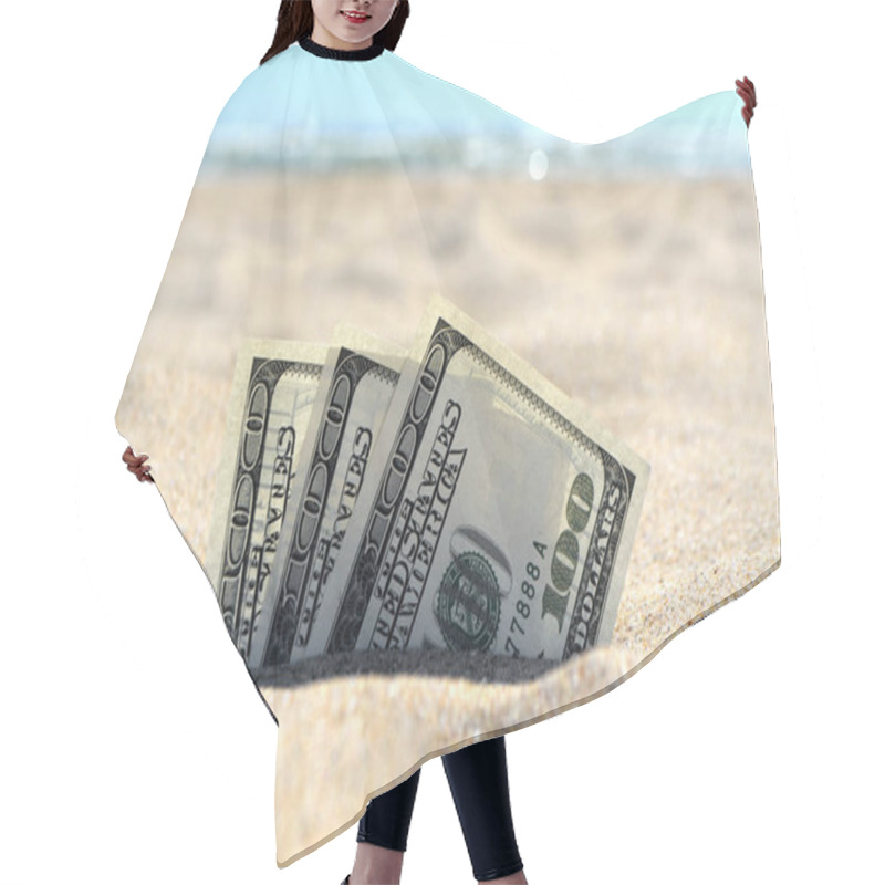 Personality  Money Dolars Half Covered With Sand Lie On Sandy Beach Near Sea Hair Cutting Cape