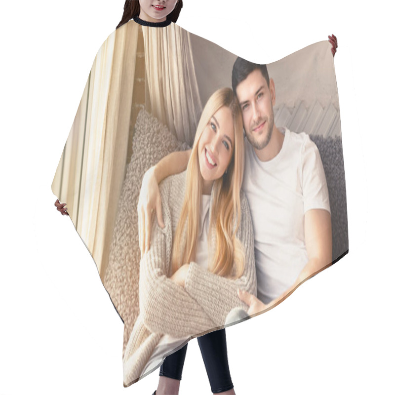 Personality  Happy Millennial Spouses Hugging On Sofa At Home, Copy Space Hair Cutting Cape