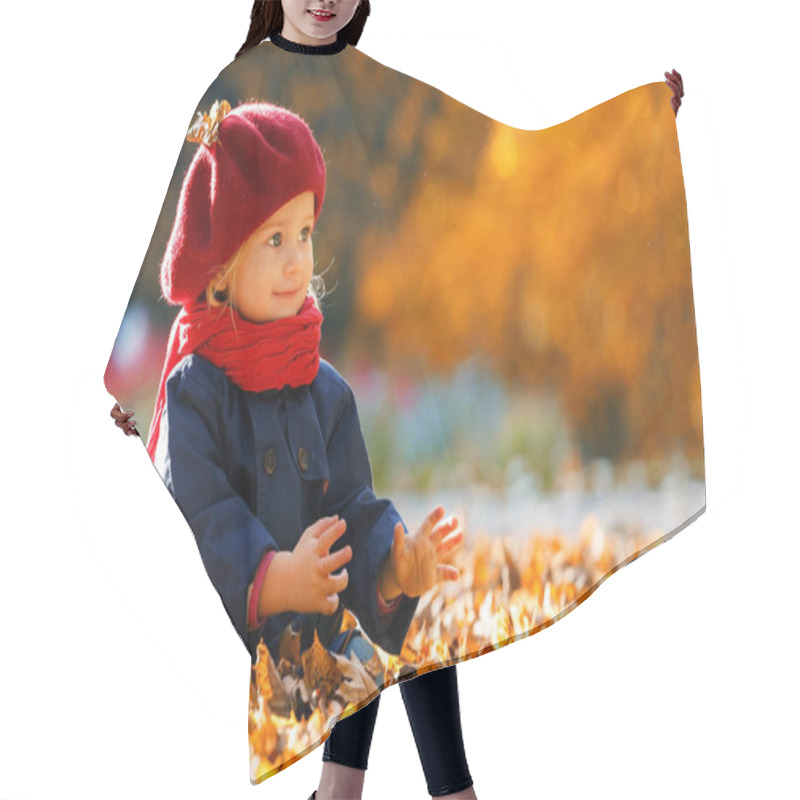 Personality  Happy Autumn. A Little Girl In A Red Beret Is Playing With Falling Leaves And Laughing. Hair Cutting Cape