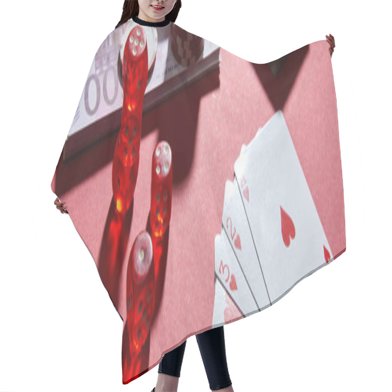 Personality  High Angle View Of Playing Cards, Dice And Money On Red, Panoramic Shot Hair Cutting Cape