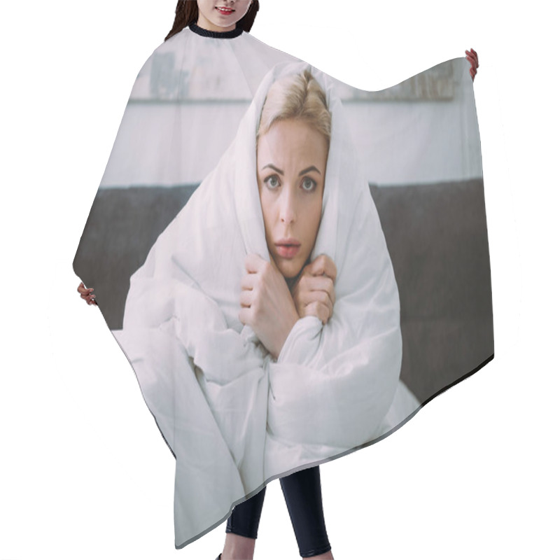 Personality  Frightened Woman Covered In Blanket Looking At Camera In Bed  Hair Cutting Cape