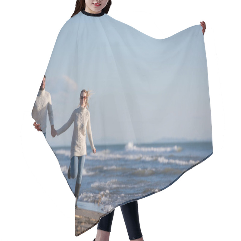 Personality  Young Couple Having Fun Walking And Hugging On Beach During Autumn Sunny Day Hair Cutting Cape