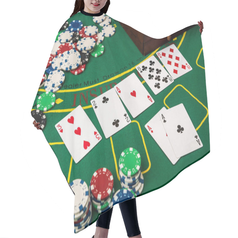 Personality  Suitcase With Dollars, Playing Card, Poker Chips On The Green Poker Table. Hair Cutting Cape