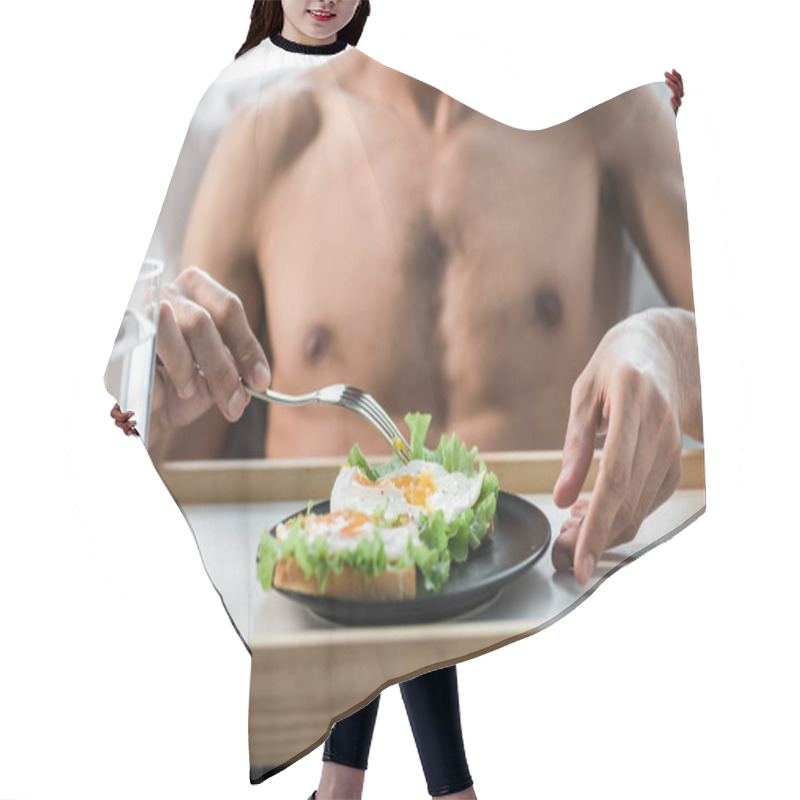 Personality  Cropped View Of Sexy Bi-racial Man Having Breakfast In Morning  Hair Cutting Cape