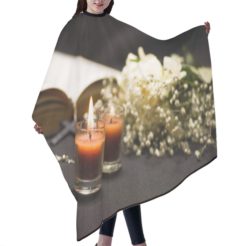 Personality  Two Orange Candles With A Blurred Rosary Beads Over A Holy Bible And Small Flowers, Black Background Hair Cutting Cape