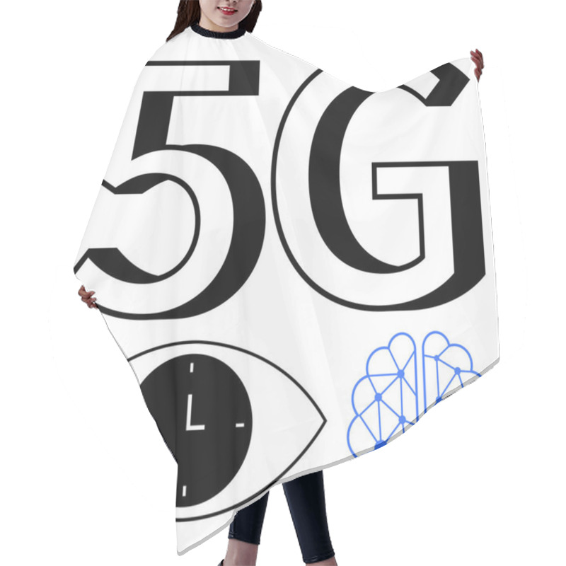 Personality  5G Text, Clock Within An Eye Symbol, And Digitally Connected Brain Outline. Ideal For Technology, AI Progress, Fast Networking, Communication, Innovation, Time Efficiency Abstract Line Flat Metaphor Hair Cutting Cape