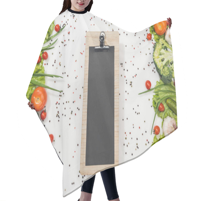 Personality  Top View Of Empty Clipboard With Tomatoes, Lettuce Leaves, Cucumbers, Onion, Spices And Garlic Hair Cutting Cape