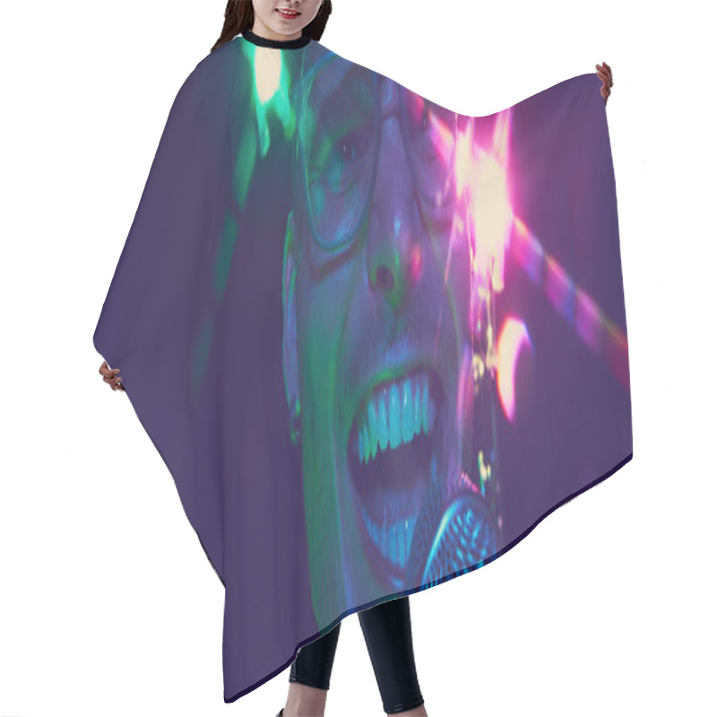 Personality  Banner. Power Of Live Music Captured In Singers Face, Highlighted By Dynamic Neon Lights As Pour His Heart Into Mic. Concept Of Music And Party, Hobby And Work, Energy, Music Festivals. Ad Hair Cutting Cape