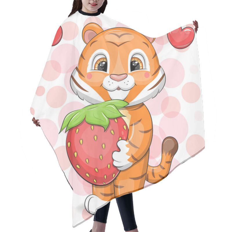 Personality  Cute Cartoon Tiger With Red Strawberry. Vector Illustration Of Animal On Red Background With Hearts. Hair Cutting Cape