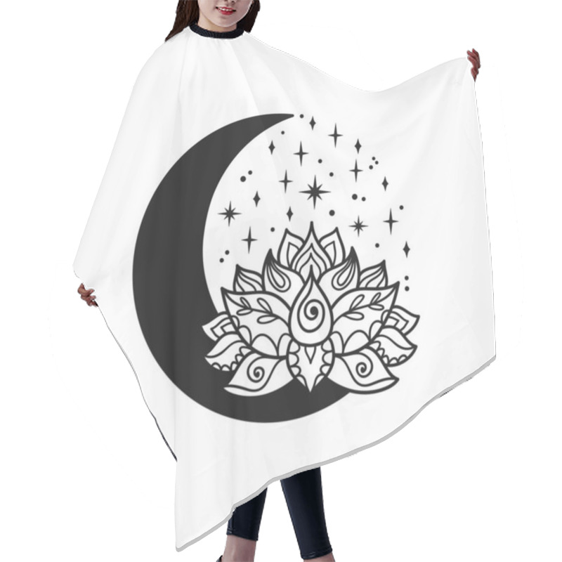 Personality  Hand Drawn Lotus Flower And Half Moon. Mystic Spiritual Design. Celestial Vector Illustration Isolated On White Background. Esoteric Tattoo In Boho Style. Sacred Geometry Clipart. Hair Cutting Cape