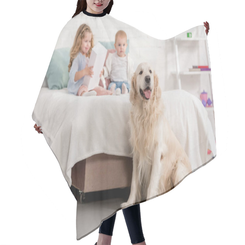 Personality  Adorable Sisters Playing On Bed, Golden Retriever Sitting Near Bed In Children Room Hair Cutting Cape