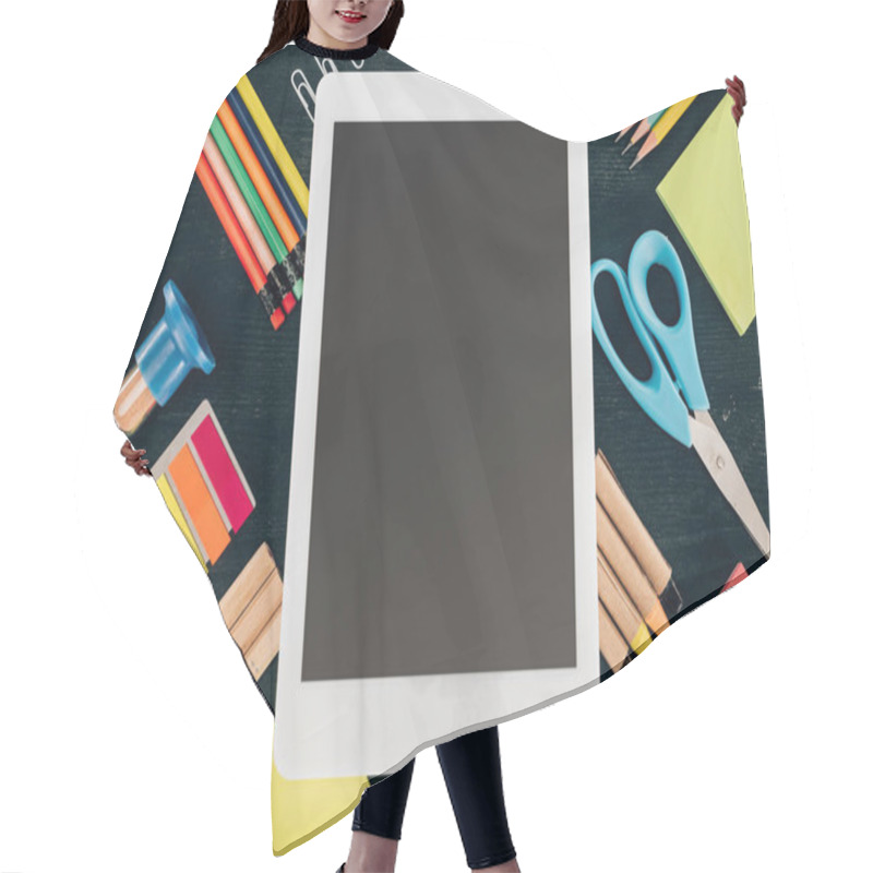 Personality  Flat Lay Tablet With Blank Screen Over Background With School Supplies Isolated On Dark Hair Cutting Cape