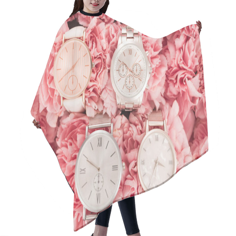 Personality  Top View Of Wristwatches Lying On Blooming Pink Flowers  Hair Cutting Cape