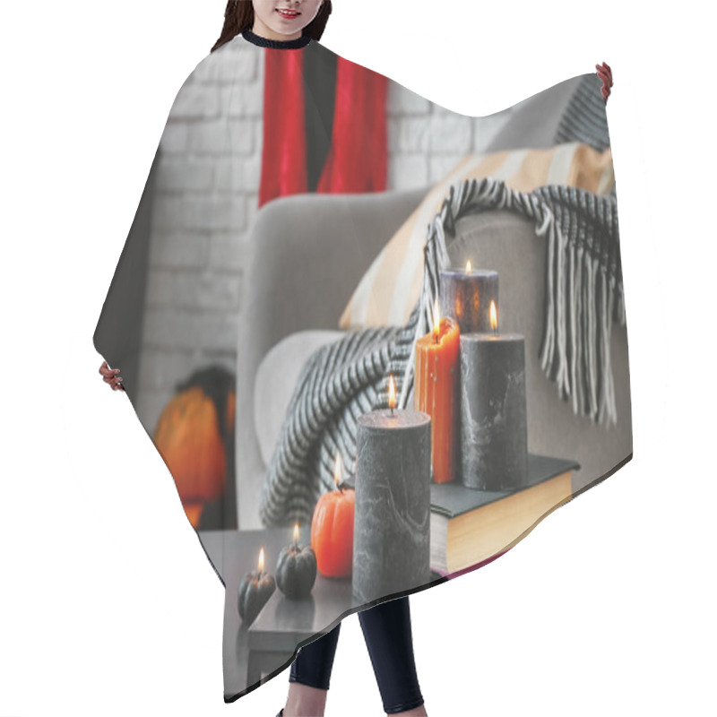 Personality  Table With Burning Candles Prepared For Halloween Celebration In Room Hair Cutting Cape