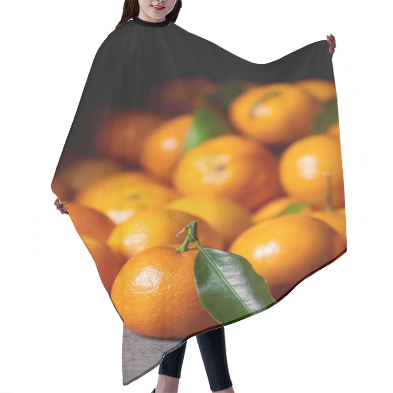 Personality  Selective Focus Of Sweet Orange Tangerine Near Clementines With Green Leaves Hair Cutting Cape