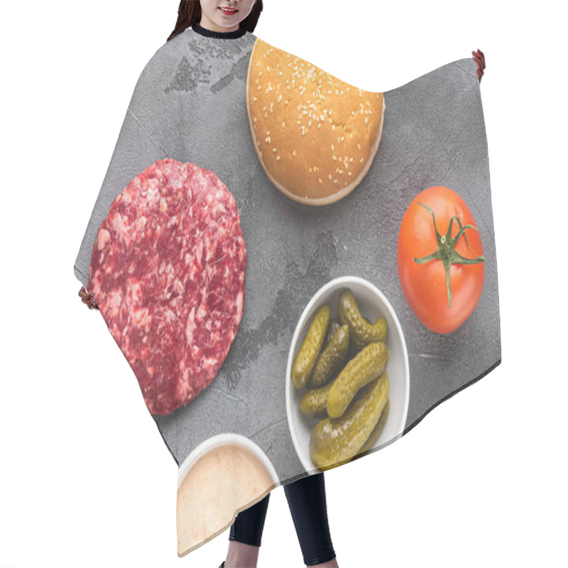 Personality  Beef Burger Ingredients Set, On Gray Stone Background, Top View Flat Lay Hair Cutting Cape