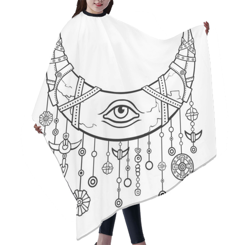 Personality  Magic Horn A Crescent, Moon In Armor. Eye Of Providence. Indian Motives, Boho Design. The Linear Drawing Isolated On A White Background. Vector Illustration, Be Used For Coloring Book. Hair Cutting Cape