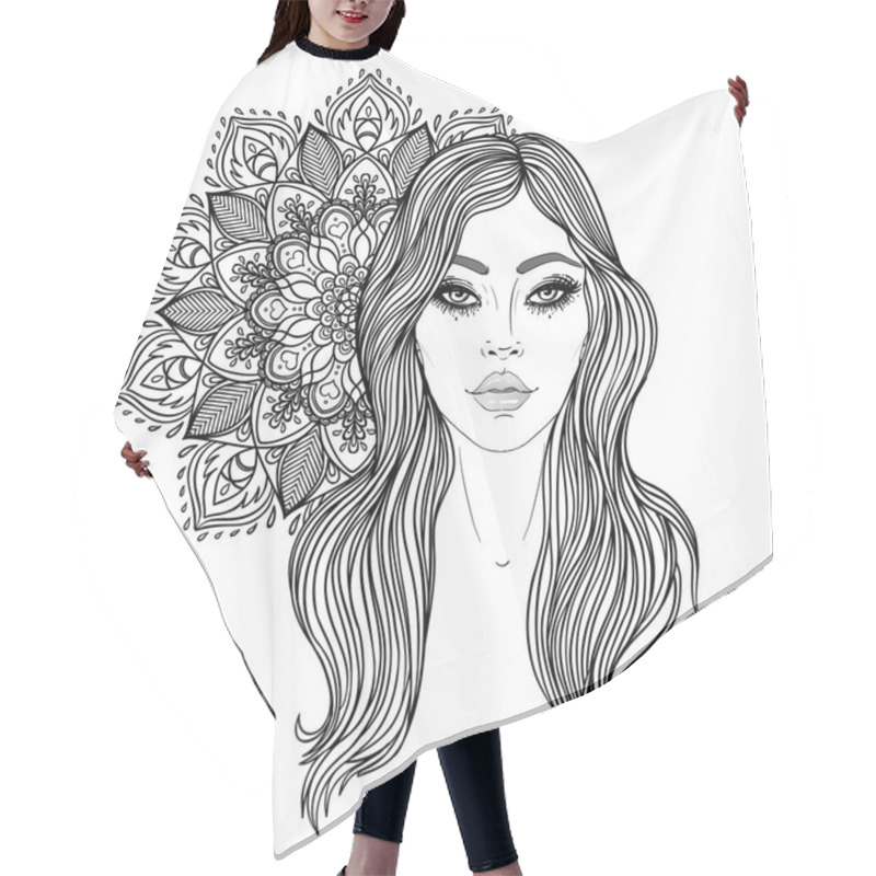 Personality  Tribal Fusion Boho Diva. Beautiful Asian Divine Girl With Ornate Crown, Kokoshnik Inspired. Bohemian Goddess. Hand Drawn Elegant Illustration. Lotus Flower, Ethnic Art, Patterned Indian Paisley. Hair Cutting Cape