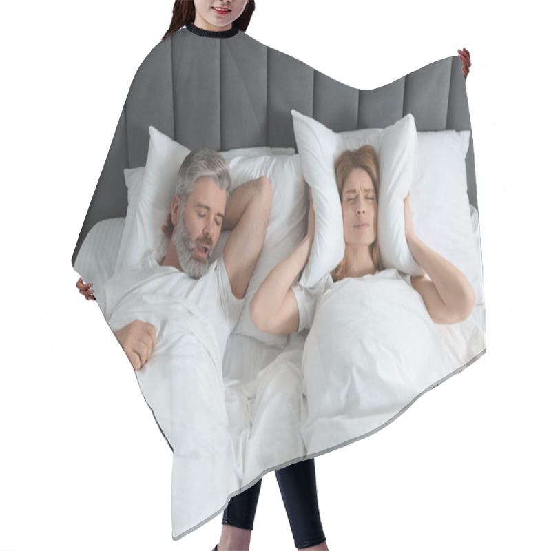 Personality  Irritated Woman Covering Her Ears With Pillows In Bed At Home. Problem With Snoring Husband Hair Cutting Cape