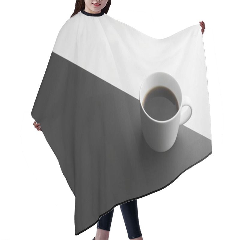 Personality  Minimalist Coffe Cup On Black And White Split Surface  Clean And Elegant Design Hair Cutting Cape