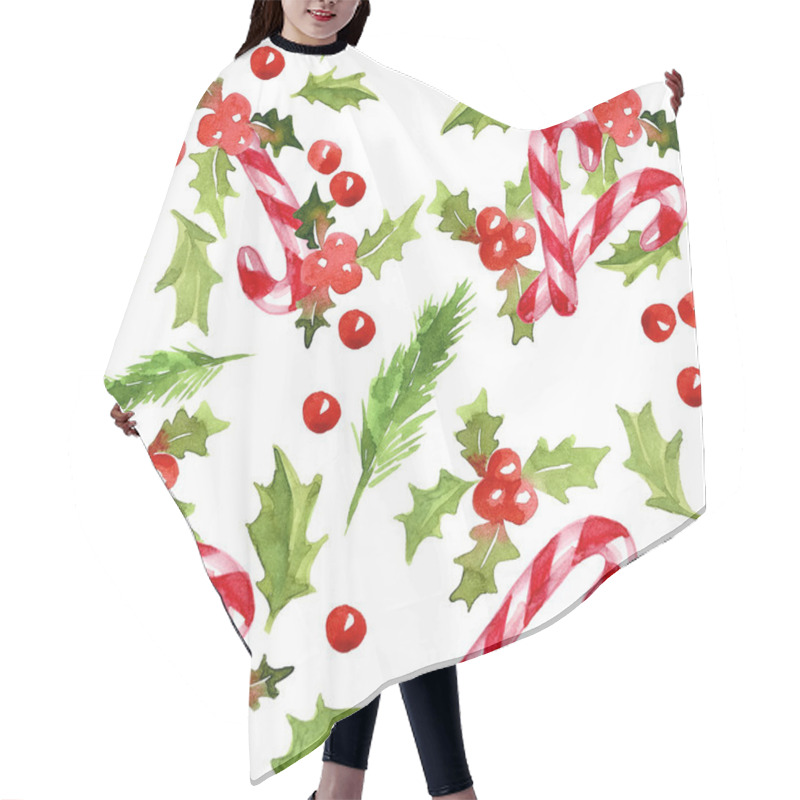 Personality  Christmas Holly Leaves And Berries And Candy Canes On A White Ba Hair Cutting Cape