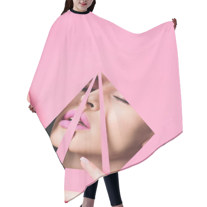 Personality  Woman With Pink Lips And Closed Eyes Across Triangular Holes Touching Paper On Black  Hair Cutting Cape