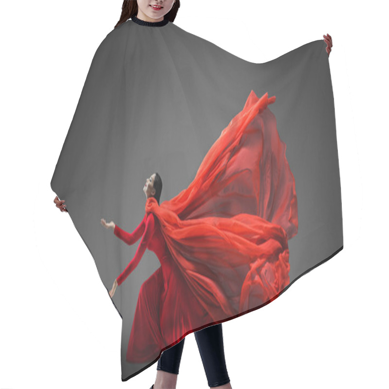 Personality  Woman In Red Dress With Flying Fabric Hair Cutting Cape