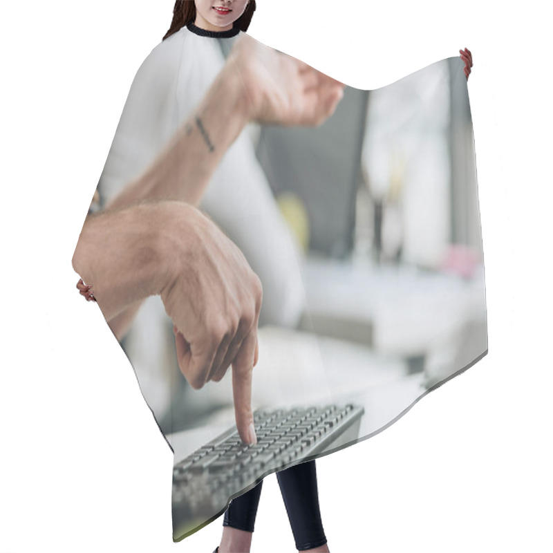 Personality  Cropped View Of Programmer Gesturing While Pressing Key On Keyboard Hair Cutting Cape