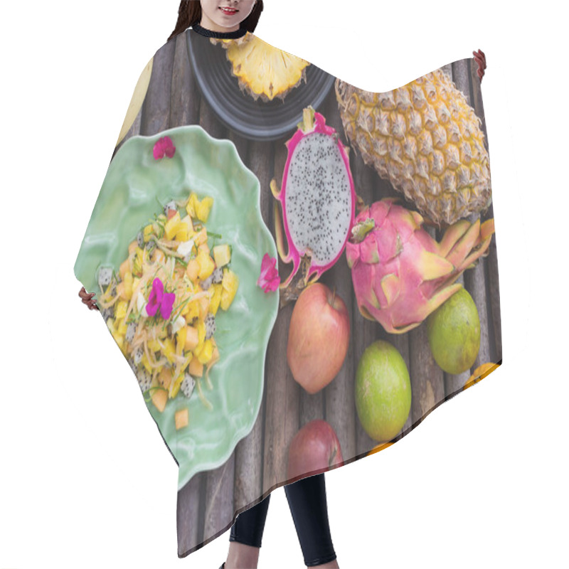 Personality  Mixed Fruit Salad Served With Sweet Sour Sauce On Wooden Table Hair Cutting Cape